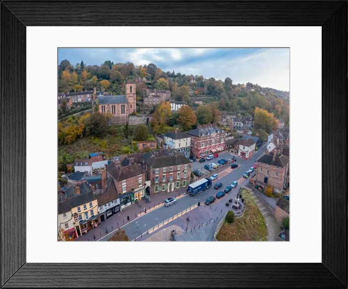 Framed Print : Square panoramic drone shoot over centre of historic Victorian town at autumn. Ironbridge in Shropshire, UK Framed Print : Square panoramic drone shoot over centre of historic Victorian town at autumn. Ironbridge in Shropshire, UK