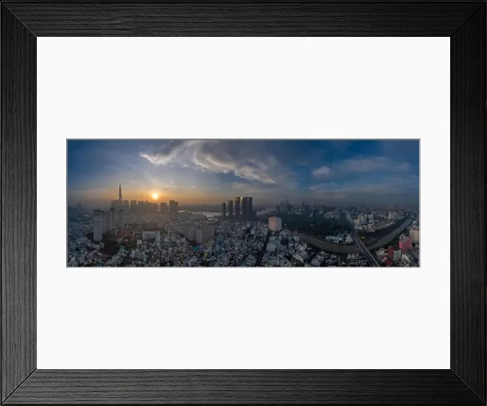 Framed Print : Five o'clock, early morning aerial urban panorama of Ho Chi Minh City featuring city center