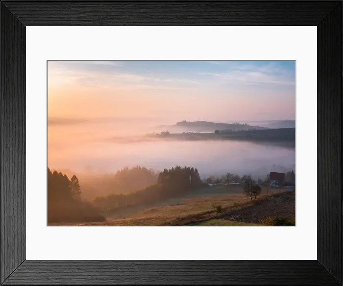 Framed Print : Farmland and Countryside in Poland at Foggy Sunrise in Autumn Framed Print : Farmland and Countryside in Poland at Foggy Sunrise in Autumn