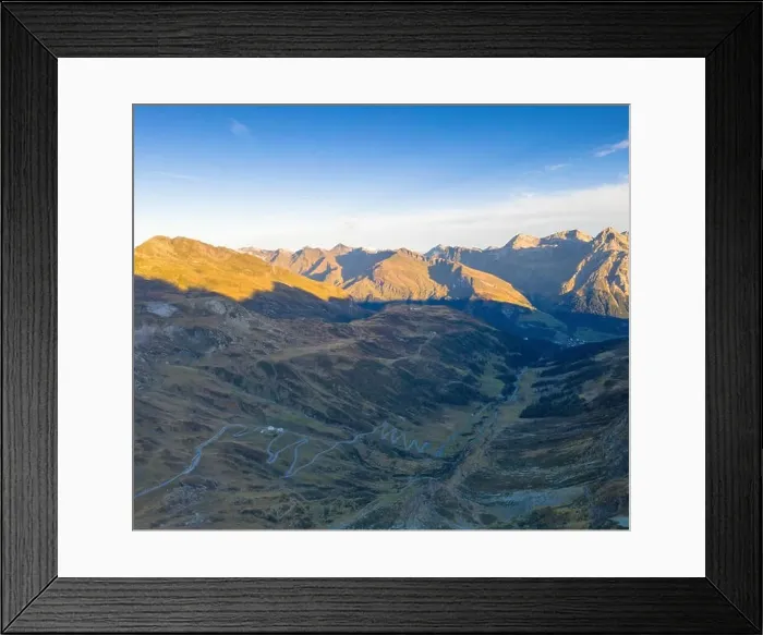Framed Print : Aerial view of hairpin curves of Spluga mountain road towards Splugen, canton of Graubunden, Switzerland Framed Print : Aerial view of hairpin curves of Spluga mountain road towards Splugen, canton of Graubunden, Switzerland