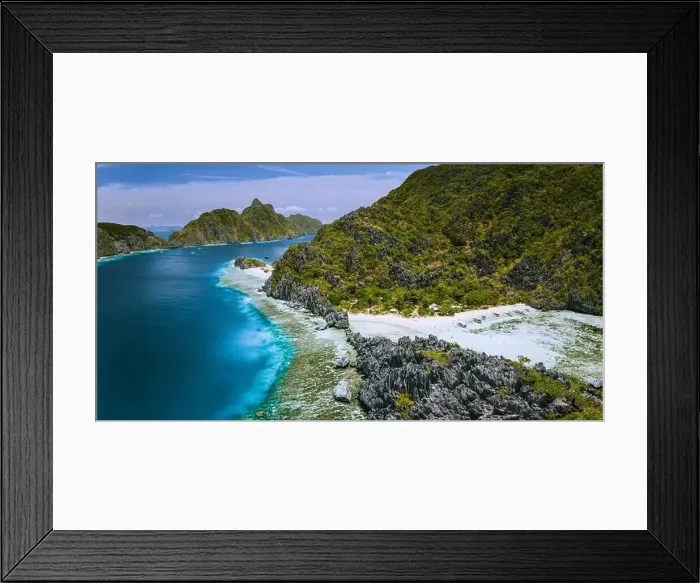 Framed Print : Aerial panoramic view of karst sharp cliffs of limestone island on adventures tour of El Nido, Palawan, Philippines Framed Print : Aerial panoramic view of karst sharp cliffs of limestone island on adventures tour of El Nido, Palawan, Philippines