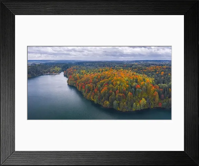 Framed Print : Aerial Drone view of colorful top of the forest and a lake at Autumn