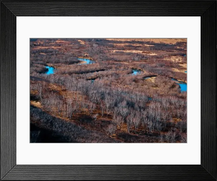 Framed Print : Aerial view of autumn landscape with bare trees and river Framed Print : Aerial view of autumn landscape with bare trees and river