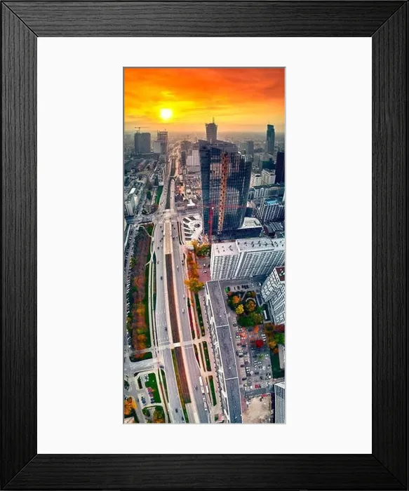 Framed Print : WARSAW, POLAND - OCTOBER 19, 2019: Beautiful panoramic aerial drone view to panorama cityscape of Warsaw modern City