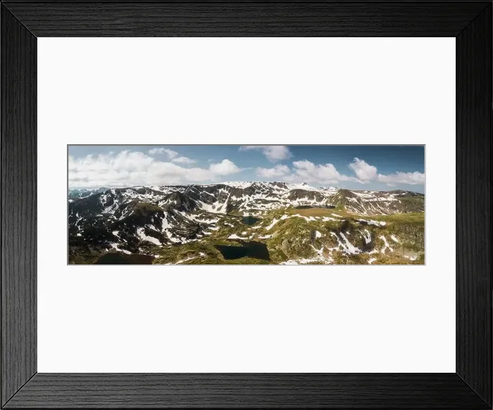 Framed Print : Aerial panoramic view of Seven Rila Lakes covered in snow during early summer day in Rila Mountain (near Sofia) Framed Print : Aerial panoramic view of Seven Rila Lakes covered in snow during early summer day in Rila Mountain (near Sofia)