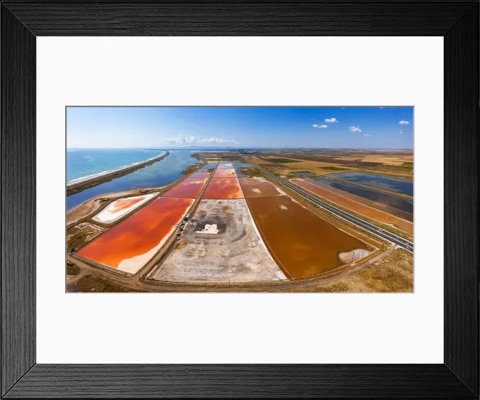 Framed Print : Aerial drone view of colorful salt marsh near to Pomorie, Bulgaria Framed Print : Aerial drone view of colorful salt marsh near to Pomorie, Bulgaria