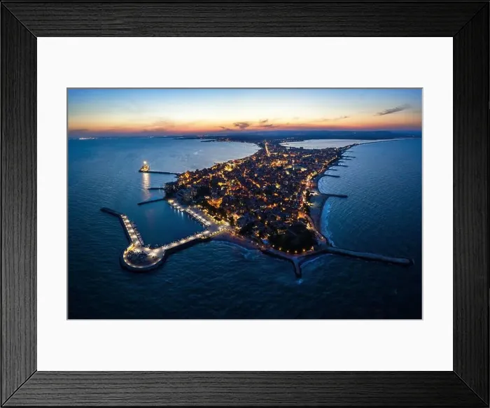 Framed Print : Aerial drone view at night to Pomorie city on the Bulgarian Black Sea coast Framed Print : Aerial drone view at night to Pomorie city on the Bulgarian Black Sea coast