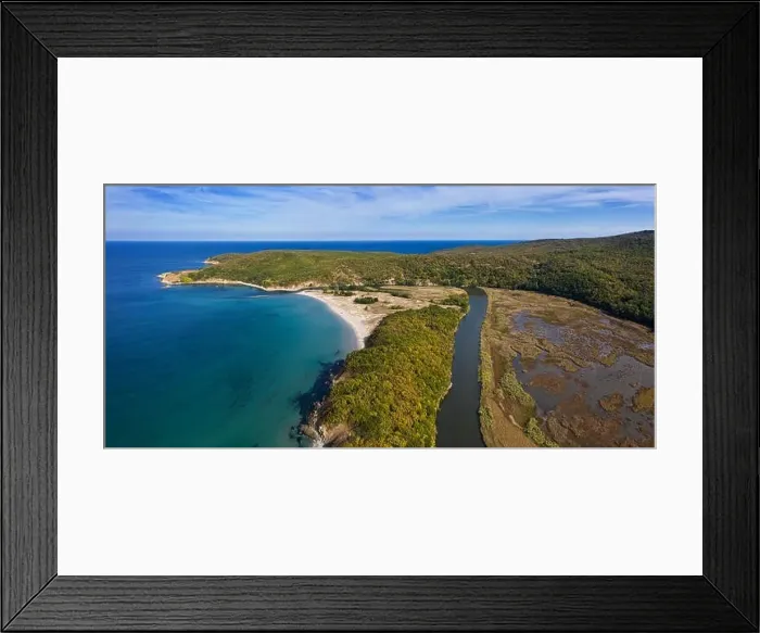 Framed Print : View of drone to the beautiful beach Arkutino and river Ropotamo.Black Sea, Bulgaria Framed Print : View of drone to the beautiful beach Arkutino and river Ropotamo.Black Sea, Bulgaria