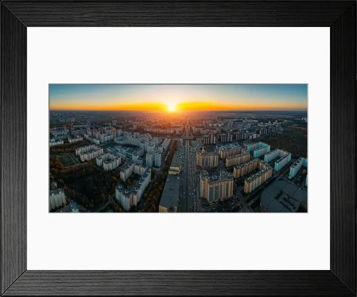 Framed Print : Sunset above panorama of modern residential area in Voronezh, aerial view from drone Framed Print : Sunset above panorama of modern residential area in Voronezh, aerial view from drone