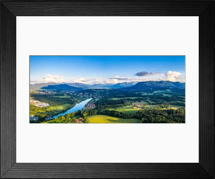 Framed Print : Aerial Panorama Bad Tölz, Isar Valley, Germany Bavaria. Sunset shot in June