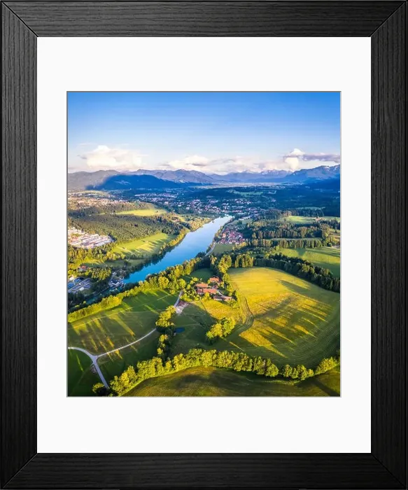Framed Print : Aerial Panorama Bad Toelz, Isar Valley, Germany Bavaria. Sunset shot in June
