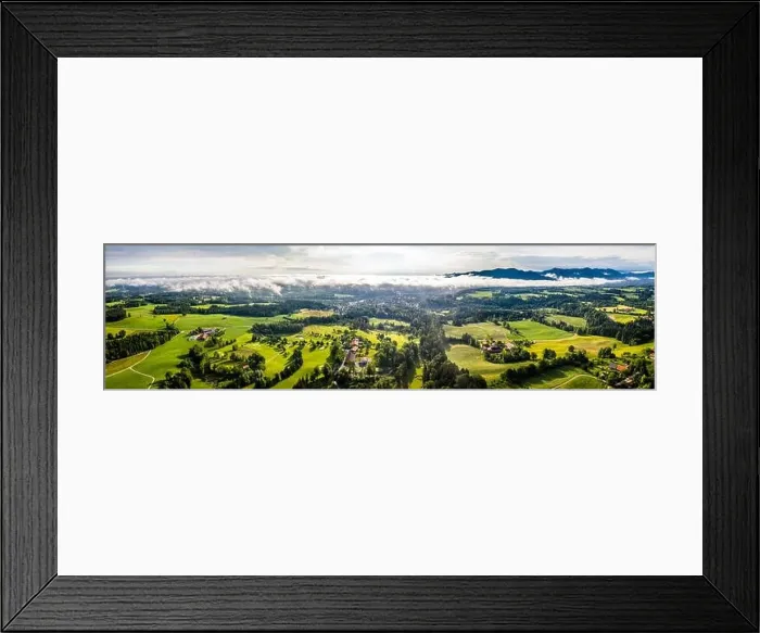 Framed Print : Aerial Bad Toelz Bavarian Alps. Golf Course. Blomberg Mountain. Morning Drone Shot with some clouds in the sky