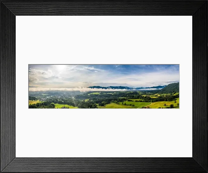 Framed Print : Aerial Bad Toelz Bavarian Alps. Golf Course. Blomberg Mountain. Morning Drone Shot with some clouds in the sky