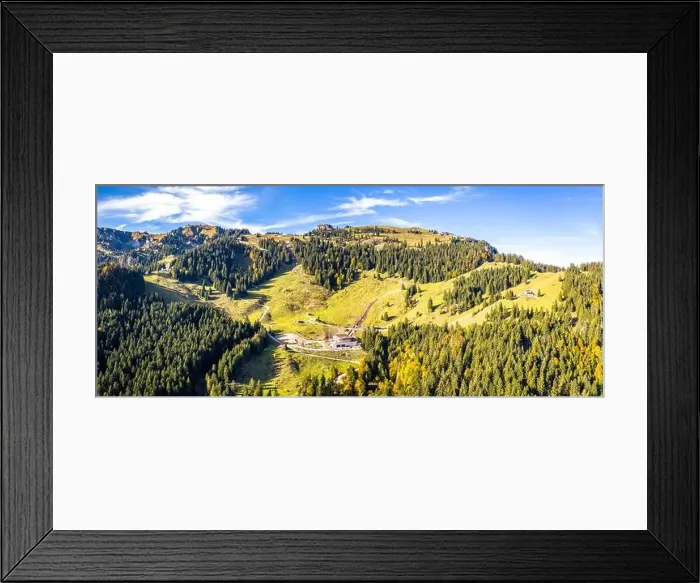 Framed Print : Brauneck mountain in autumn. Aerial Panorama. Lenggries, Bavaria, Germany. New Schroedlestein Ski Lift