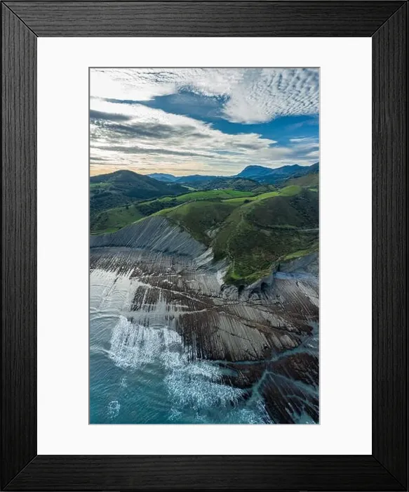 Framed Print : Zumaia flysch geological strata layers drone aerial view, Basque Country