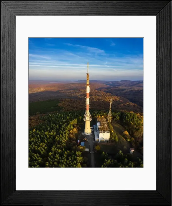 Framed Print : Tv tower on hill and autumn forest at sunset Framed Print : Tv tower on hill and autumn forest at sunset