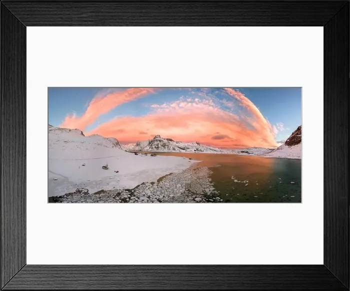 Framed Print : Aerial drone panorama photo. Beautiful sunset over the mountains and sea of the Lofoten Islands