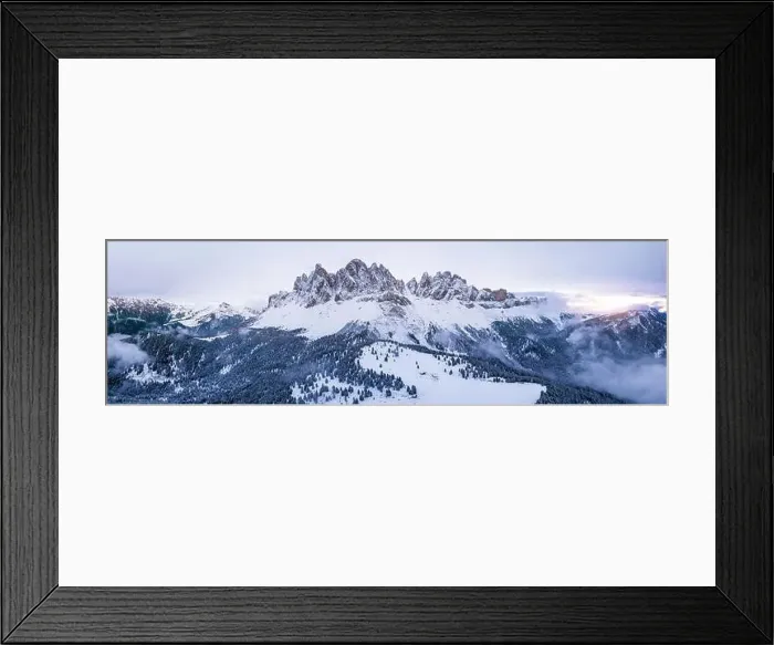 Framed Print : Scenic winter mountain landscape in Alps with aerial panoramic view of Geisler Peaks from Adolf Munkel trail in Zanser Framed Print : Scenic winter mountain landscape in Alps with aerial panoramic view of Geisler Peaks from Adolf Munkel trail in Zanser