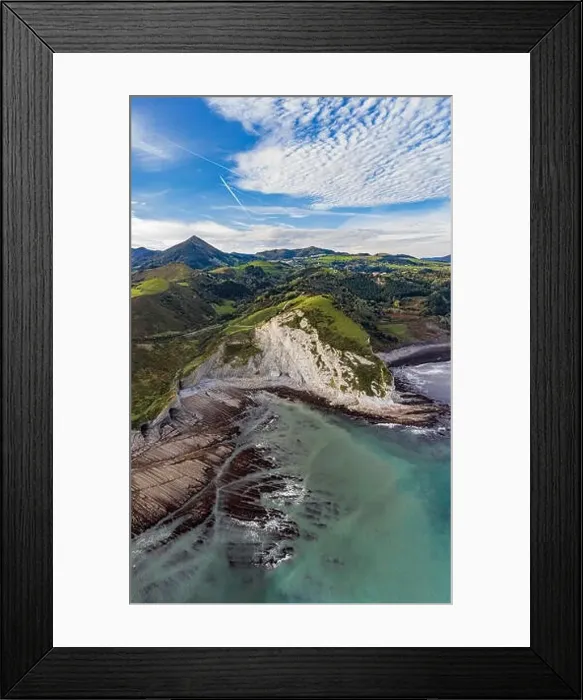 Framed Print : Zumaia and Deba flysch geological strata layers drone aerial view, Basque Country
