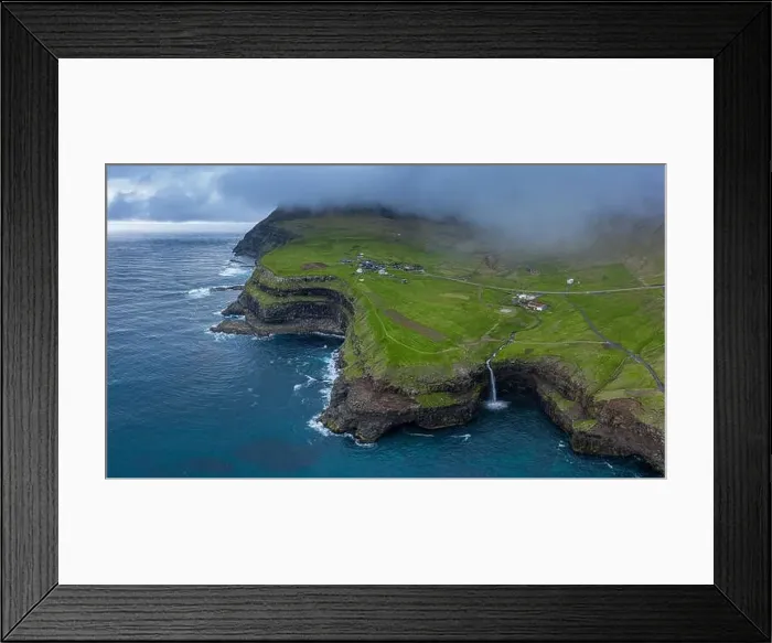 Framed Print : Mulafossur waterfall aerial drone view in Gasadalur, Vagar, Faroe Islands 16:9