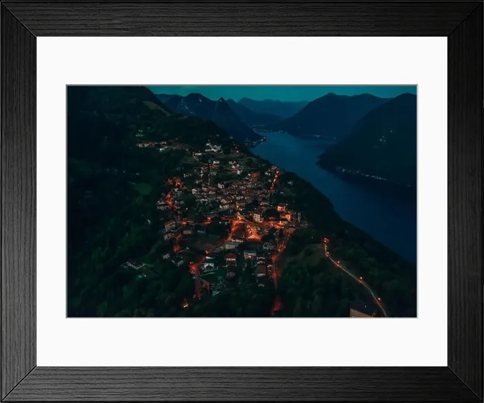 Framed Print : Aerial drone shot view of Bre Sopra, swiss village on Monte Bre in Lugano, Switzerland Framed Print : Aerial drone shot view of Bre Sopra, swiss village on Monte Bre in Lugano, Switzerland
