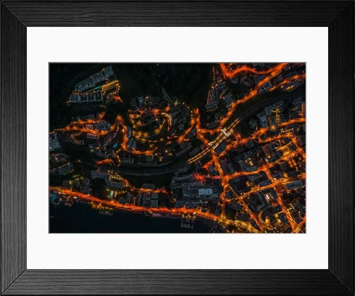 Framed Print : Overhead aerial drone night shot of city street lights in Lugano, Switzerland Framed Print : Overhead aerial drone night shot of city street lights in Lugano, Switzerland