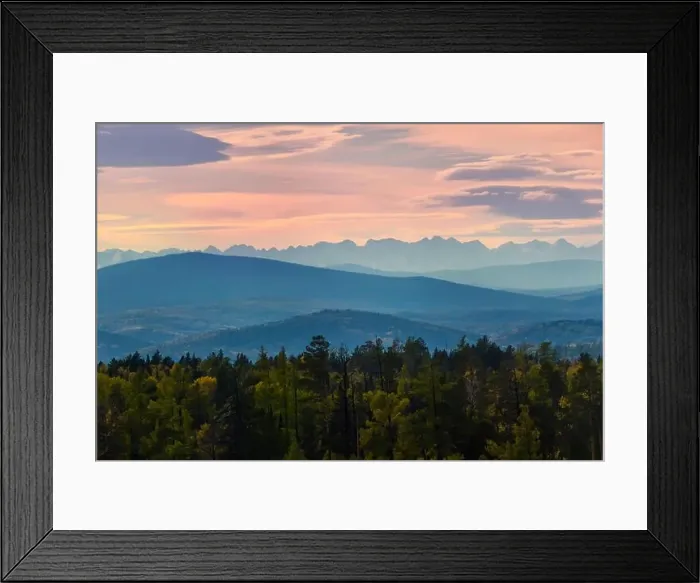 Framed Print : Wide angle panorama autumn forest, misty hills mountain tops in pink dawn Framed Print : Wide angle panorama autumn forest, misty hills mountain tops in pink dawn