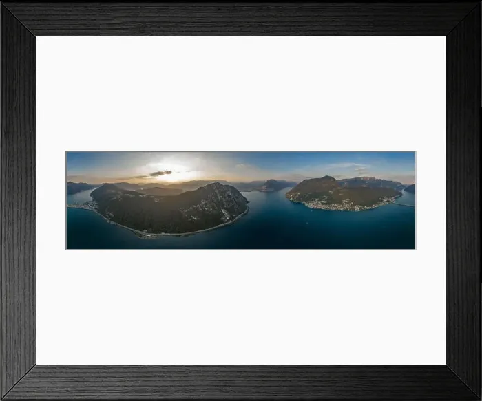 Framed Print : Aerial drone shot panorama view of Lugano lake, monte bre, Salvatore, bridge diga di melide and swiss italian border Framed Print : Aerial drone shot panorama view of Lugano lake, monte bre, Salvatore, bridge diga di melide and swiss italian border
