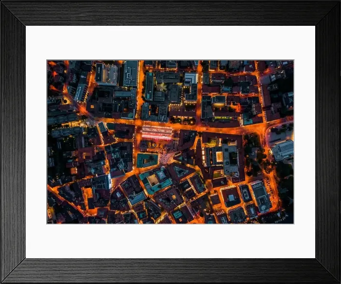 Framed Print : Overhead aerial drone night shot of city street lights in Lugano, Switzerland Framed Print : Overhead aerial drone night shot of city street lights in Lugano, Switzerland