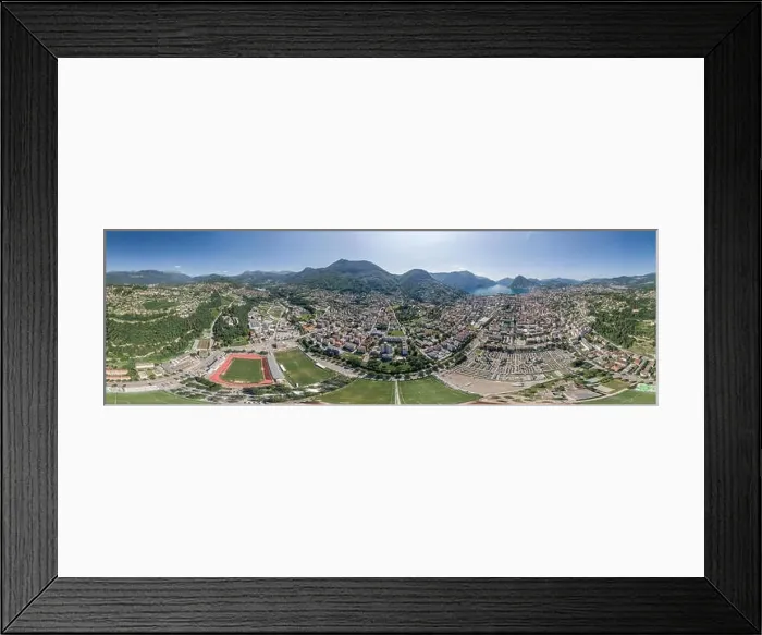 Framed Print : Aerial drone shot panorama view of Lugano by lake, monte salvatore, monte bre in Switzerland Framed Print : Aerial drone shot panorama view of Lugano by lake, monte salvatore, monte bre in Switzerland
