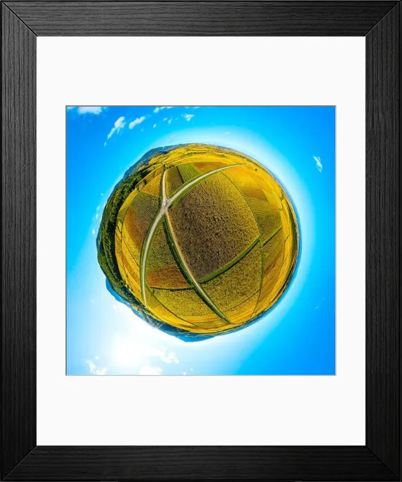 Framed Print : A circular spherical panorama of autumn vineyards in Alsace. Projection. Blue sky and bright yellow ball. France Framed Print : A circular spherical panorama of autumn vineyards in Alsace. Projection. Blue sky and bright yellow ball. France