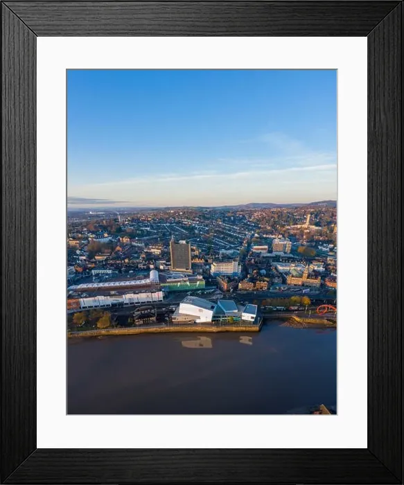 Framed Print : An aerial view at sunrise of Newport city centre, south wales United Kingdom, taken from the River Usk Framed Print : An aerial view at sunrise of Newport city centre, south wales United Kingdom, taken from the River Usk