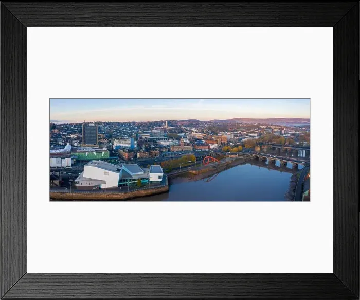 Framed Print : An aerial view at sunrise of Newport city centre, south wales United Kingdom, taken from the River Usk Framed Print : An aerial view at sunrise of Newport city centre, south wales United Kingdom, taken from the River Usk