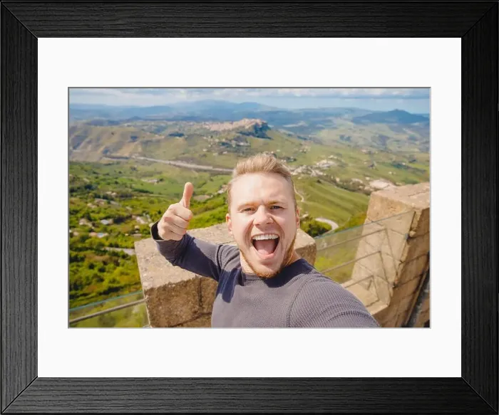 Framed Print : Selfie photo traveler man smiling Castello di lombardia in Enna Sicily, Italy Framed Print : Selfie photo traveler man smiling Castello di lombardia in Enna Sicily, Italy