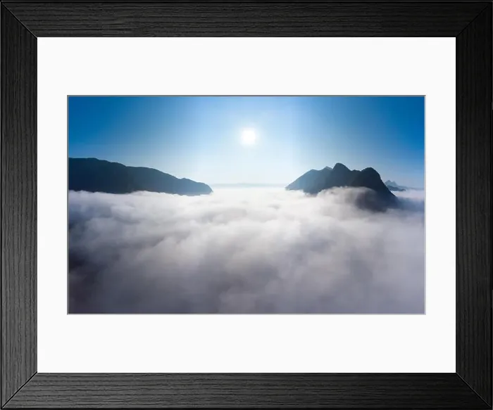 Framed Print : Aerial panoramic Nam Ou River drone flying over morning fog mist and clouds Framed Print : Aerial panoramic Nam Ou River drone flying over morning fog mist and clouds