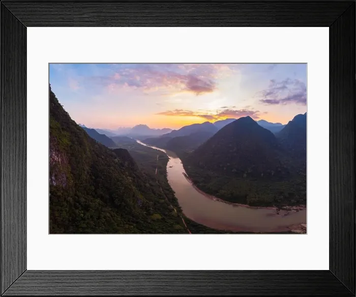 Framed Print : Aerial unique view from drone: Nam Ou river valley at Muang Ngoi Laos Framed Print : Aerial unique view from drone: Nam Ou river valley at Muang Ngoi Laos
