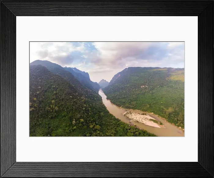 Framed Print : Aerial unique view from drone: Nam Ou river valley at Muang Ngoi Laos Framed Print : Aerial unique view from drone: Nam Ou river valley at Muang Ngoi Laos