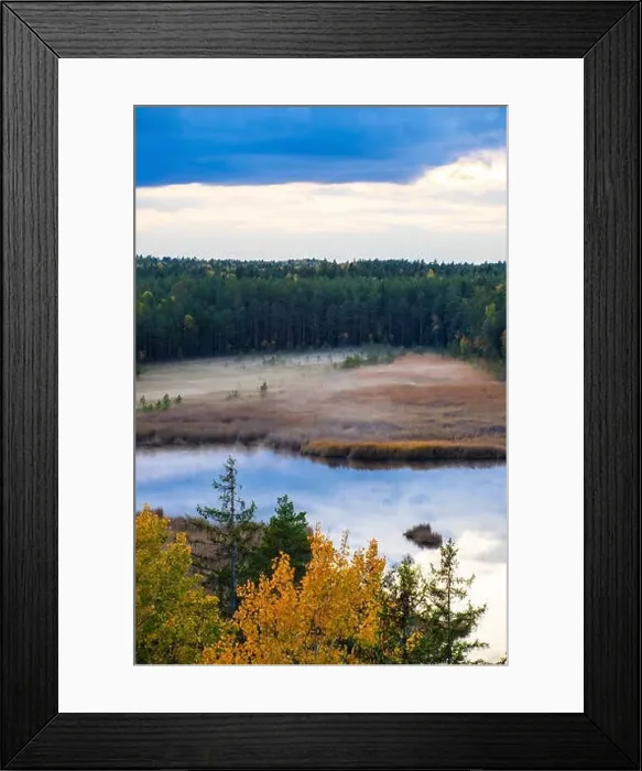 Framed Print : View of forest and Kangari lake from above. Latvian nature. Autumn landscape. Fog