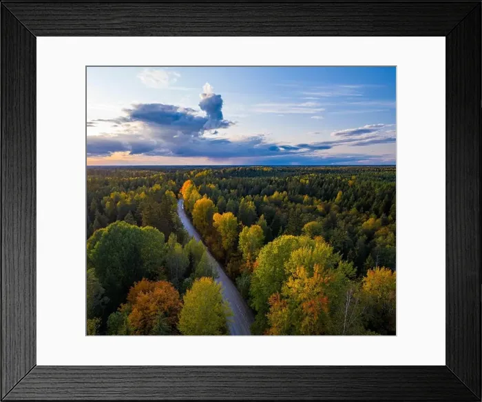 Framed Print : Beautiful autumn landscape. View of forest and road from above. Latvian nature Framed Print : Beautiful autumn landscape. View of forest and road from above. Latvian nature