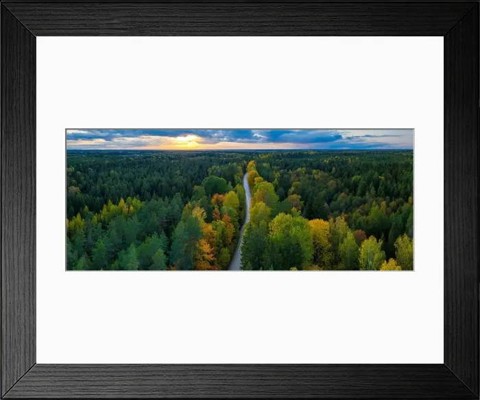 Framed Print : Beautiful autumn landscape. Panorama view of forest and road from above. Latvian nature Framed Print : Beautiful autumn landscape. Panorama view of forest and road from above. Latvian nature