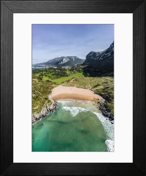Framed Print : Sonabia beach drone aerial view in Cantabrian sea, Spain Framed Print : Sonabia beach drone aerial view in Cantabrian sea, Spain