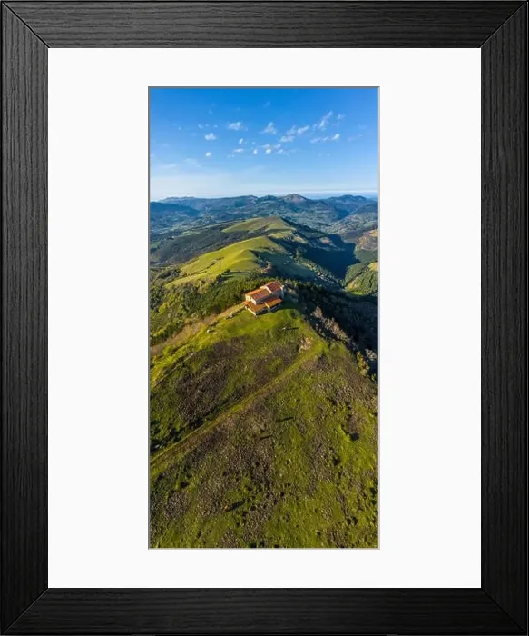 Framed Print : Hermitage in Kolitza mount in Balmaseda, Basque Country, Spain - aerial drone Framed Print : Hermitage in Kolitza mount in Balmaseda, Basque Country, Spain - aerial drone