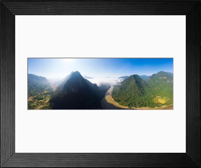 Framed Print : Aerial panoramic Nam Ou River drone flying over morning fog mist and clouds Framed Print : Aerial panoramic Nam Ou River drone flying over morning fog mist and clouds