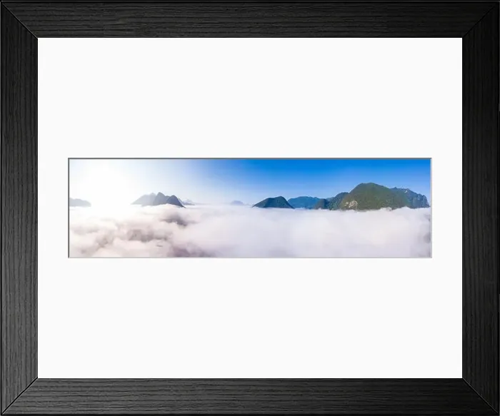 Framed Print : Aerial panoramic Nam Ou River drone flying over morning fog mist and clouds Framed Print : Aerial panoramic Nam Ou River drone flying over morning fog mist and clouds
