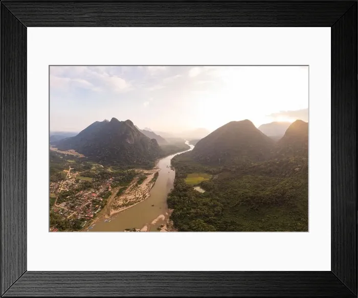 Framed Print : Aerial unique view from drone: Nam Ou river valley at Muang Ngoi Laos Framed Print : Aerial unique view from drone: Nam Ou river valley at Muang Ngoi Laos
