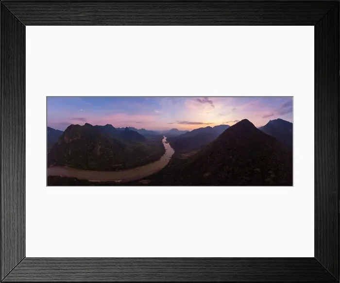 Framed Print : Aerial unique view from drone: Nam Ou river valley at Muang Ngoi Laos Framed Print : Aerial unique view from drone: Nam Ou river valley at Muang Ngoi Laos