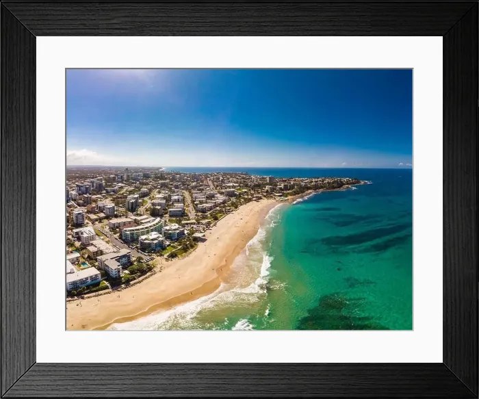 Framed Print : Aerial drone panoramic image of ocean waves on a busy Kings beach, Caloundra, Queensland, Australia Framed Print : Aerial drone panoramic image of ocean waves on a busy Kings beach, Caloundra, Queensland, Australia