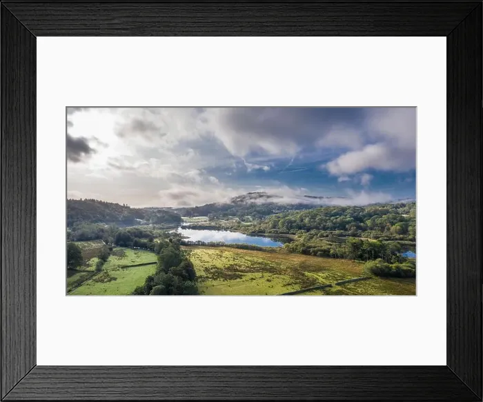 Framed Print : Aerial panoramic view over Great Langdale Valley at hazy morning. Lake District National Park in United Kingdom