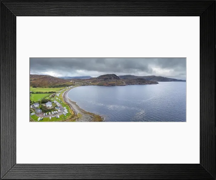 Framed Print : Wide panoramic drone shoot over popular campsite in Ardmair in the North West Coast of Scotland - NC500 Route Framed Print : Wide panoramic drone shoot over popular campsite in Ardmair in the North West Coast of Scotland - NC500 Route
