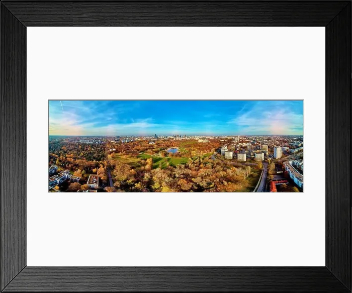 Framed Print : A beautiful panoramic view of the sunset in a fabulous November autumn evening at sunset from drone at Pola Mokotowskie